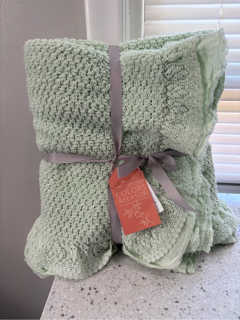 NWT elav Mint Green Crochet Throw Blanket with Ruffle Trim